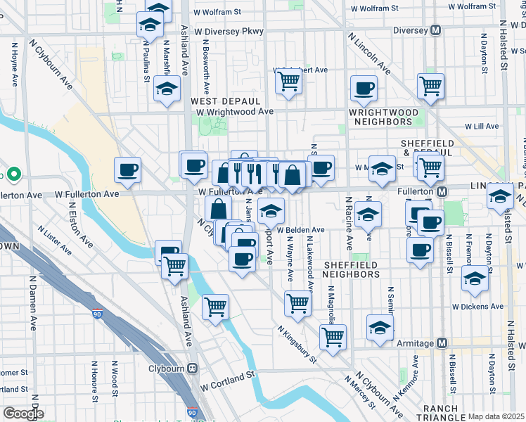 map of restaurants, bars, coffee shops, grocery stores, and more near 1363 West Fullerton Avenue in Chicago