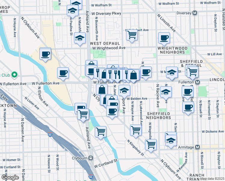 map of restaurants, bars, coffee shops, grocery stores, and more near 1423 West Fullerton Avenue in Chicago