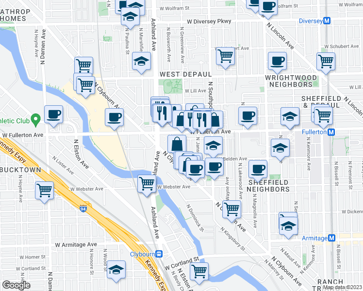 map of restaurants, bars, coffee shops, grocery stores, and more near 1524 West Fullerton Avenue in Chicago