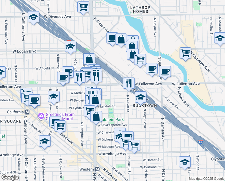 map of restaurants, bars, coffee shops, grocery stores, and more near 2329 North Oakley Avenue in Chicago
