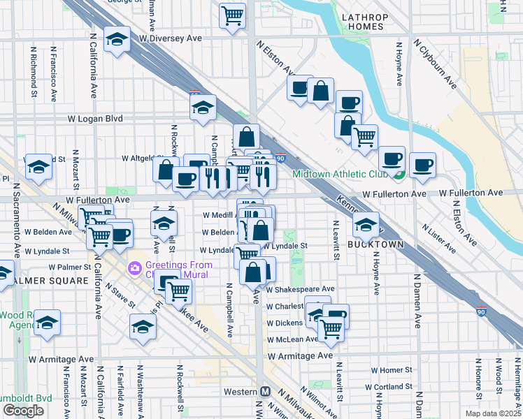 map of restaurants, bars, coffee shops, grocery stores, and more near in Chicago
