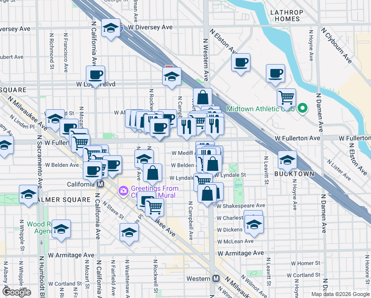 map of restaurants, bars, coffee shops, grocery stores, and more near in Chicago