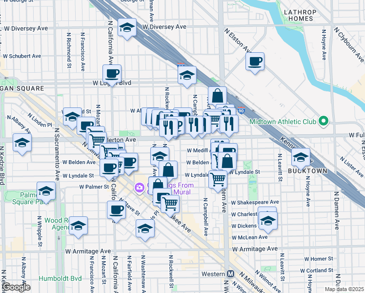 map of restaurants, bars, coffee shops, grocery stores, and more near 2534 West Fullerton Avenue in Chicago