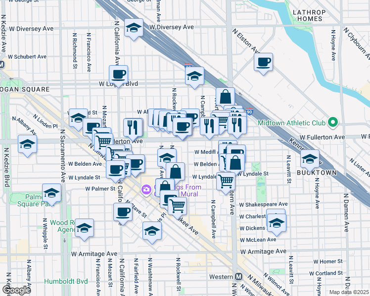 map of restaurants, bars, coffee shops, grocery stores, and more near 2534 West Fullerton Avenue in Chicago