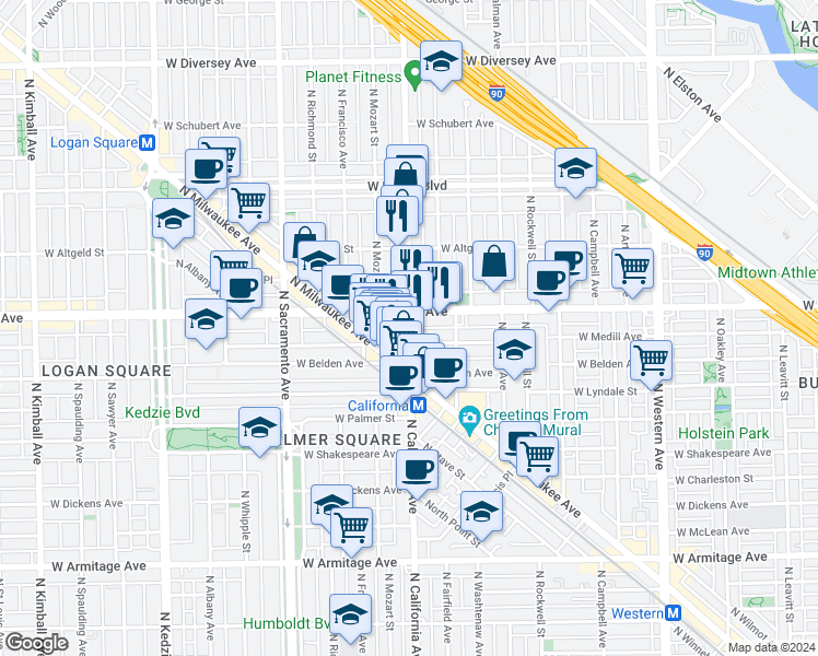 map of restaurants, bars, coffee shops, grocery stores, and more near in Chicago