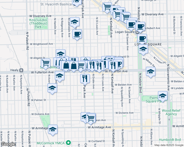 map of restaurants, bars, coffee shops, grocery stores, and more near 2411 North Drake Avenue in Chicago