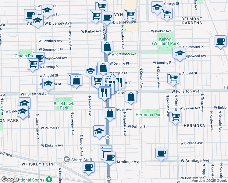 map of restaurants, bars, coffee shops, grocery stores, and more near in Chicago