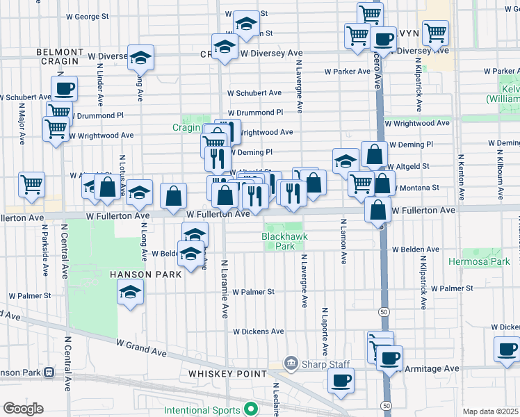 map of restaurants, bars, coffee shops, grocery stores, and more near 5117 West Montana Street in Chicago