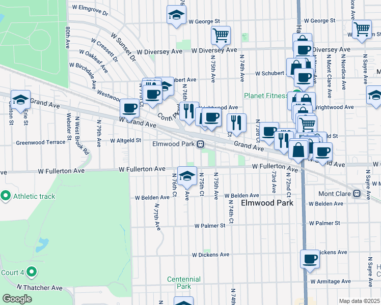 map of restaurants, bars, coffee shops, grocery stores, and more near 7500 West Marwood Avenue in Elmwood Park