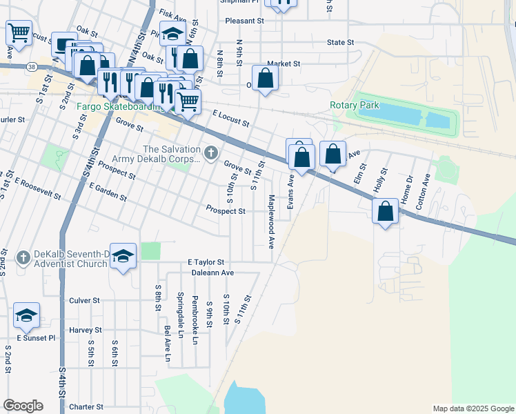 map of restaurants, bars, coffee shops, grocery stores, and more near 312 South 11th Street in DeKalb