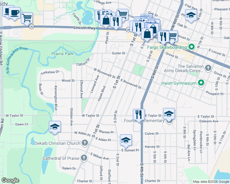 map of restaurants, bars, coffee shops, grocery stores, and more near 618 South 1st Street in DeKalb