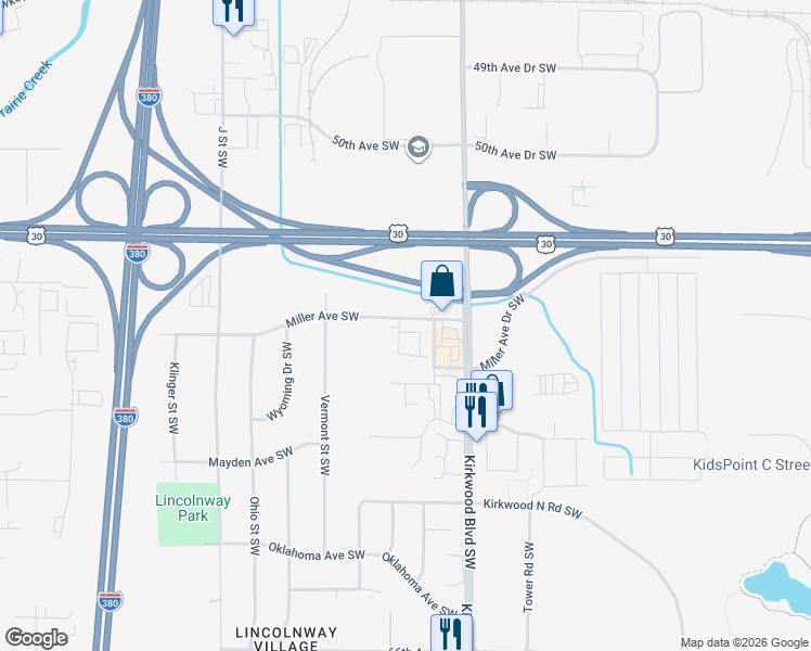 map of restaurants, bars, coffee shops, grocery stores, and more near 64 Miller Avenue Southwest in Cedar Rapids