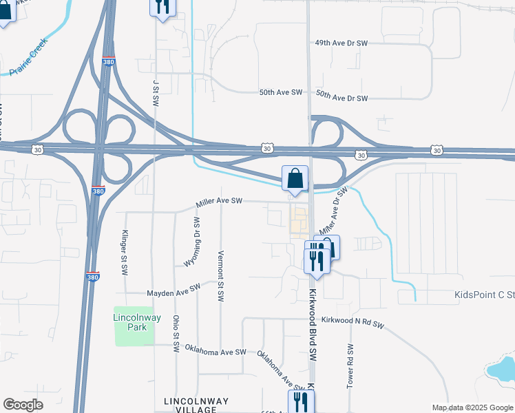 map of restaurants, bars, coffee shops, grocery stores, and more near 72 Miller Avenue Southwest in Cedar Rapids
