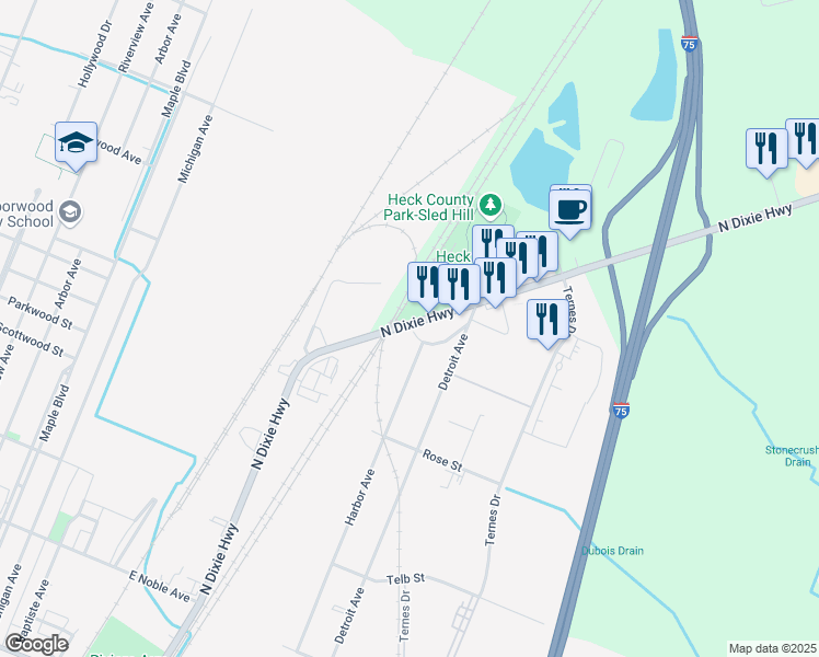 map of restaurants, bars, coffee shops, grocery stores, and more near 1090 North Dixie Highway in Monroe