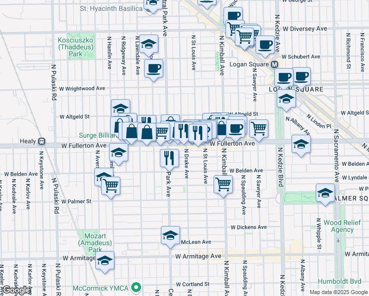 map of restaurants, bars, coffee shops, grocery stores, and more near 2411 North Drake Avenue in Chicago