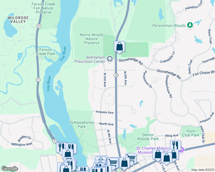 map of restaurants, bars, coffee shops, grocery stores, and more near 1030 North 3rd Avenue in St. Charles