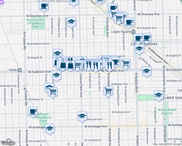 map of restaurants, bars, coffee shops, grocery stores, and more near 2411 North Drake Avenue in Chicago