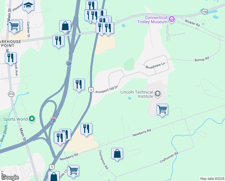 map of restaurants, bars, coffee shops, grocery stores, and more near 21 Prospect Hill Drive in East Windsor