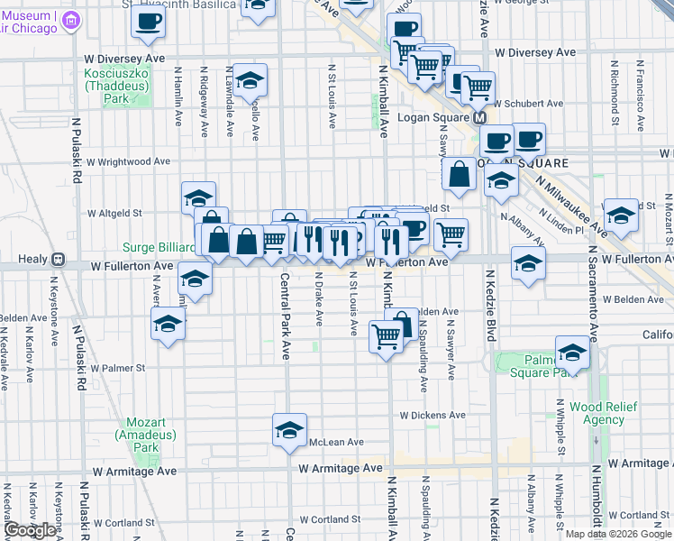 map of restaurants, bars, coffee shops, grocery stores, and more near 3446 West Fullerton Avenue in Chicago
