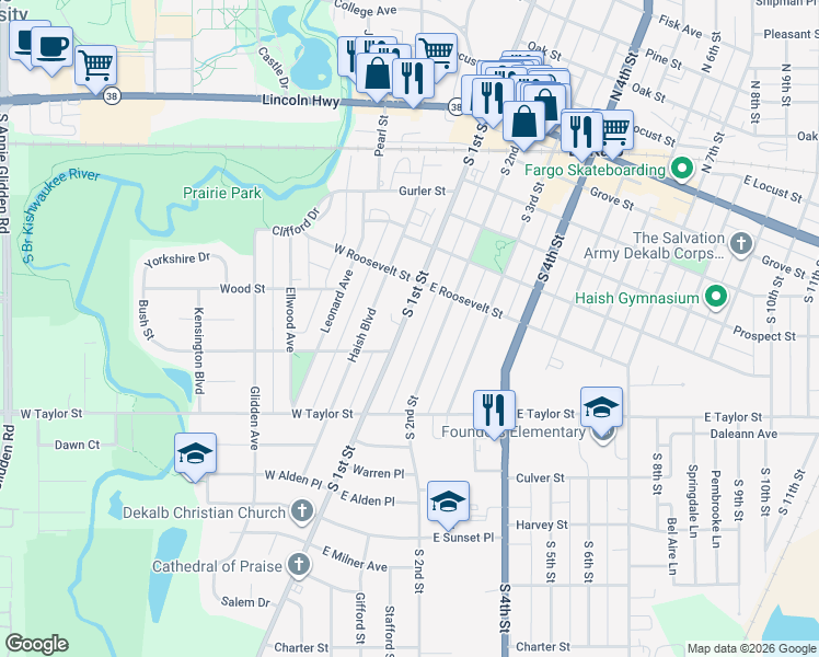 map of restaurants, bars, coffee shops, grocery stores, and more near 618 South 1st Street in DeKalb