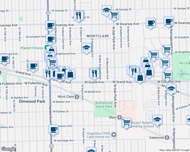 map of restaurants, bars, coffee shops, grocery stores, and more near 2446 North New England Avenue in Chicago