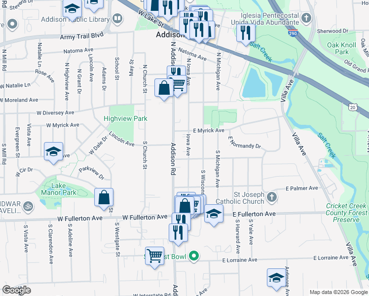 map of restaurants, bars, coffee shops, grocery stores, and more near 113 Iowa Avenue in Addison