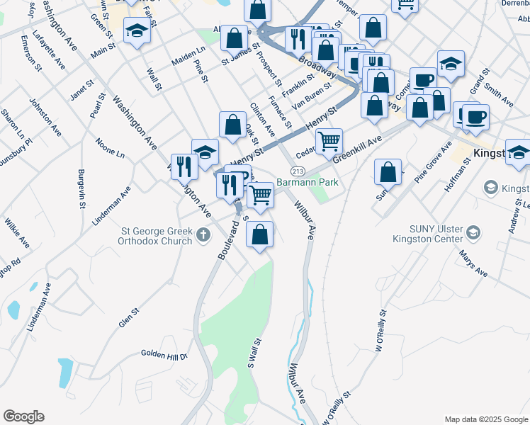 map of restaurants, bars, coffee shops, grocery stores, and more near 111 Pine Street in Kingston