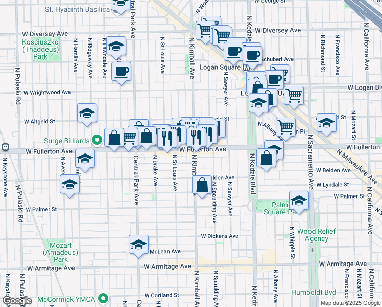 map of restaurants, bars, coffee shops, grocery stores, and more near 3408 West Fullerton Avenue in Chicago