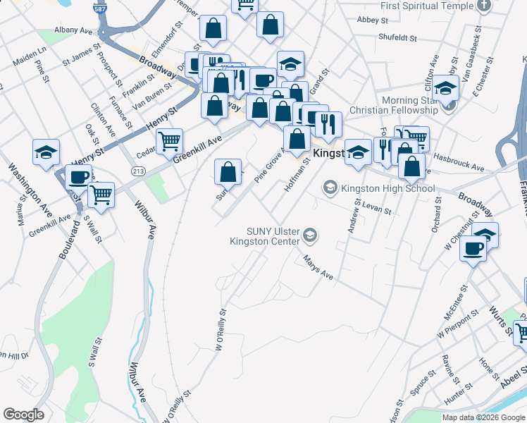 map of restaurants, bars, coffee shops, grocery stores, and more near 85 Hoffman Street in Kingston