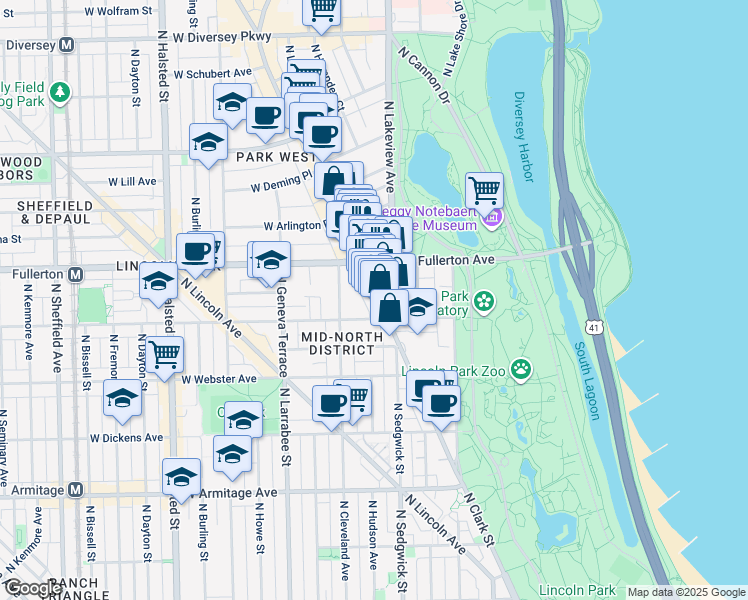map of restaurants, bars, coffee shops, grocery stores, and more near 2350 North Clark Street in Chicago