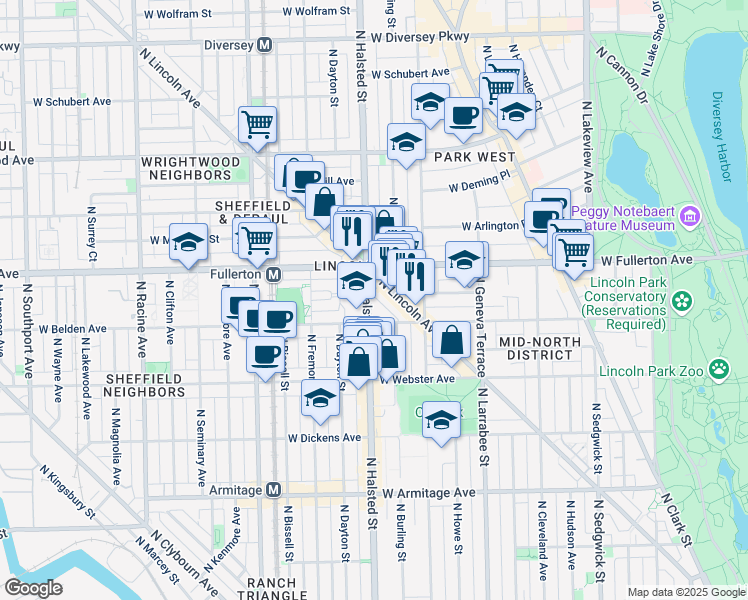 map of restaurants, bars, coffee shops, grocery stores, and more near 2371 North Lincoln Avenue in Chicago