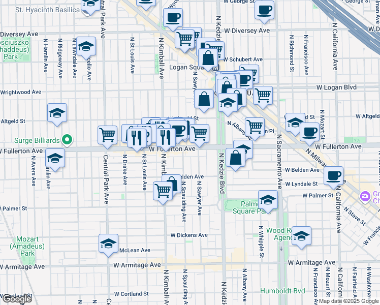 map of restaurants, bars, coffee shops, grocery stores, and more near 3248 West Fullerton Avenue in Chicago