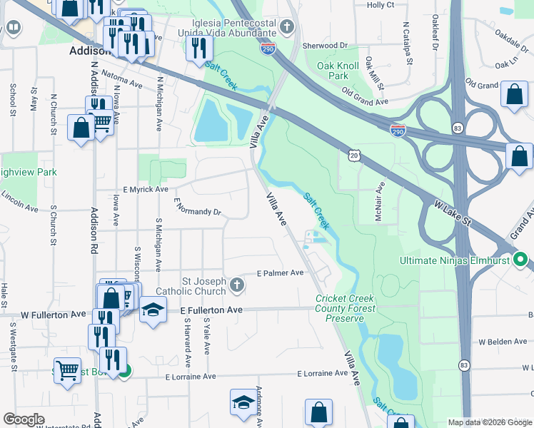 map of restaurants, bars, coffee shops, grocery stores, and more near 122 Villa Avenue in Addison