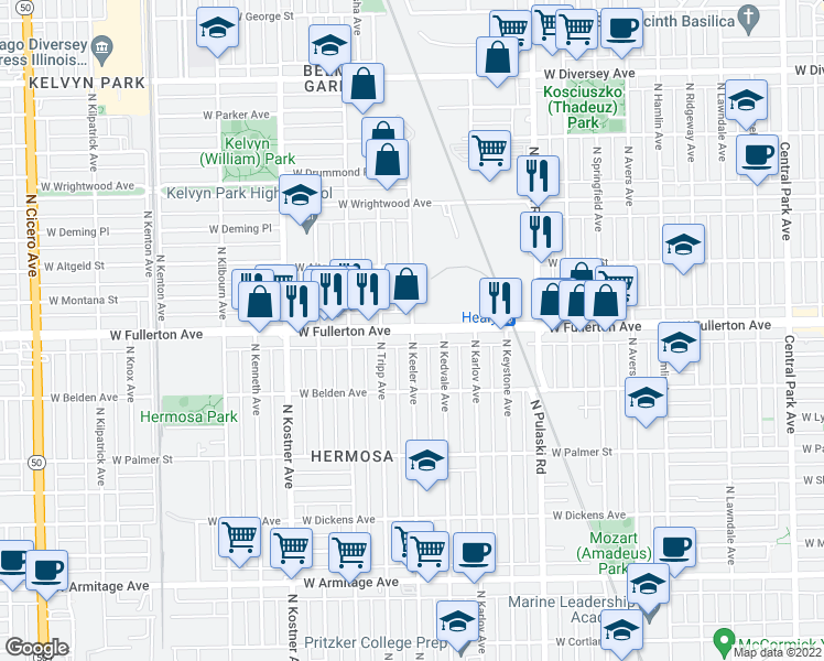 map of restaurants, bars, coffee shops, grocery stores, and more near W Fullerton Ave & N Keeler Ave in Chicago