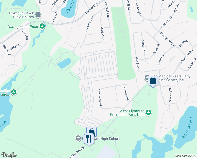 map of restaurants, bars, coffee shops, grocery stores, and more near 1 Fawn Drive in Plymouth