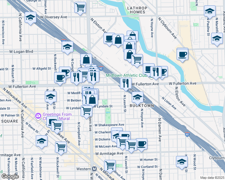 map of restaurants, bars, coffee shops, grocery stores, and more near 2229 West Fullerton Avenue in Chicago