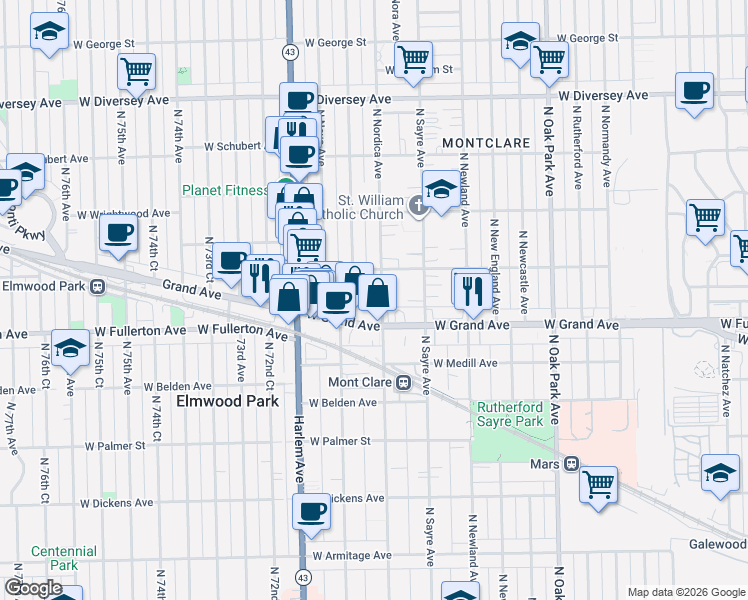 map of restaurants, bars, coffee shops, grocery stores, and more near 2445 North Nordica Avenue in Chicago