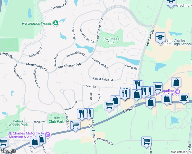 map of restaurants, bars, coffee shops, grocery stores, and more near 1813 Sterling Court in St. Charles