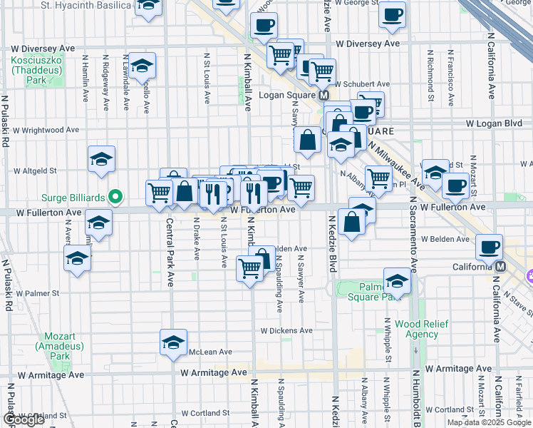 map of restaurants, bars, coffee shops, grocery stores, and more near 3302 West Fullerton Avenue in Chicago