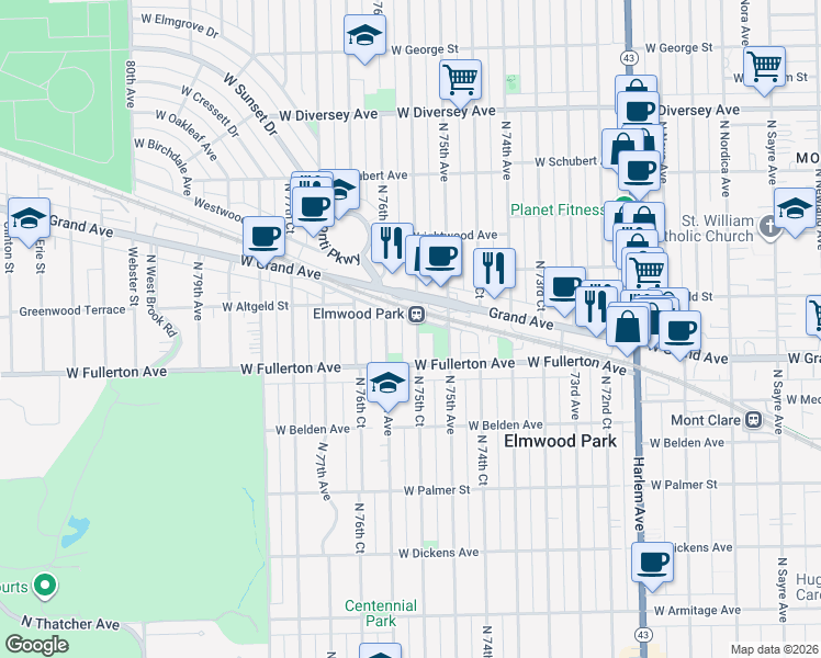 map of restaurants, bars, coffee shops, grocery stores, and more near in Elmwood Park
