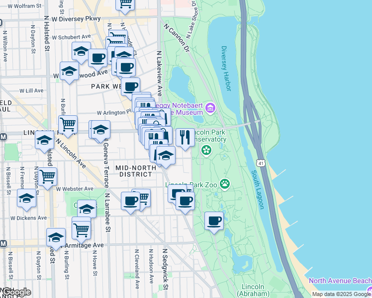 map of restaurants, bars, coffee shops, grocery stores, and more near 2329 North Commonwealth Avenue in Chicago
