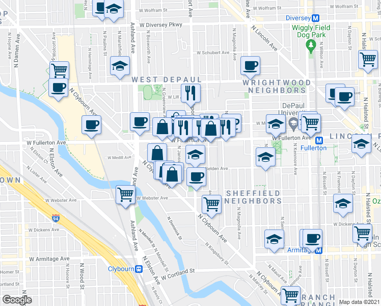 map of restaurants, bars, coffee shops, grocery stores, and more near 1363 West Fullerton Avenue in Chicago