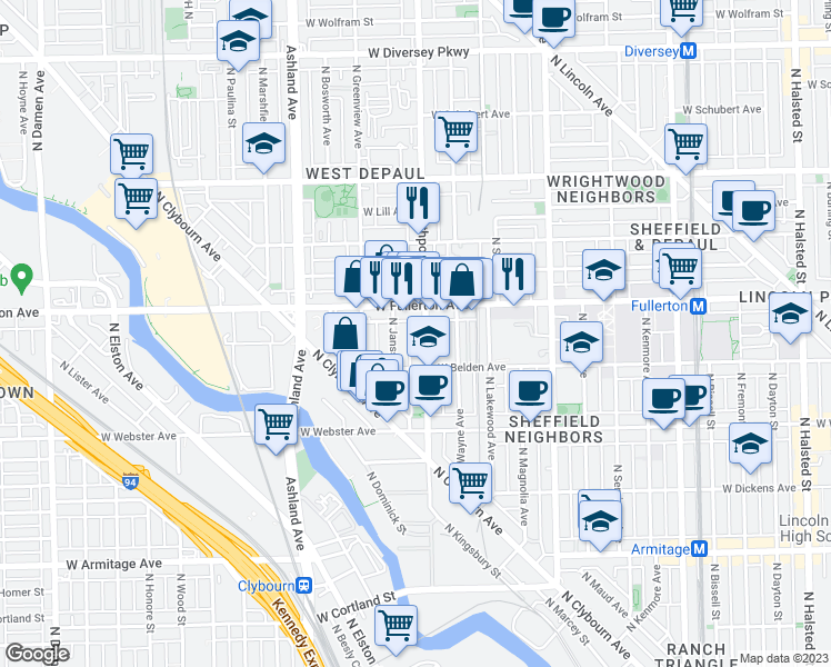 map of restaurants, bars, coffee shops, grocery stores, and more near 1363 West Fullerton Avenue in Chicago