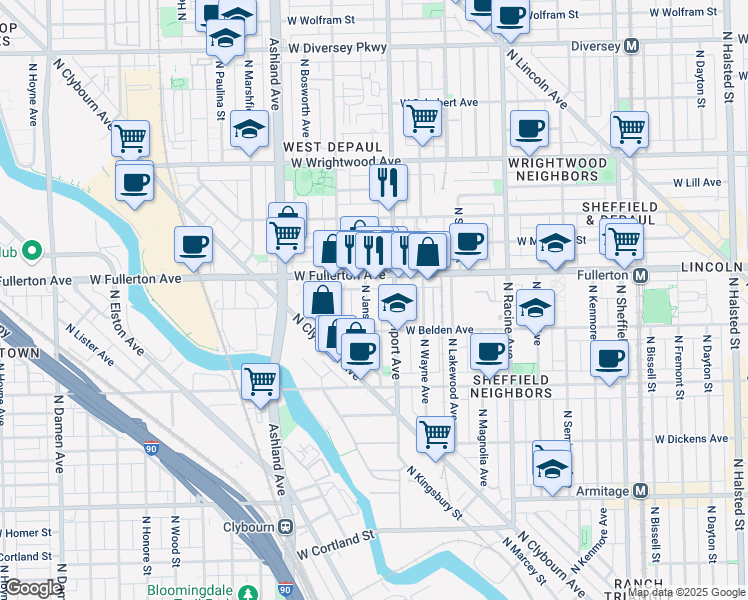 map of restaurants, bars, coffee shops, grocery stores, and more near 1423 West Fullerton Avenue in Chicago