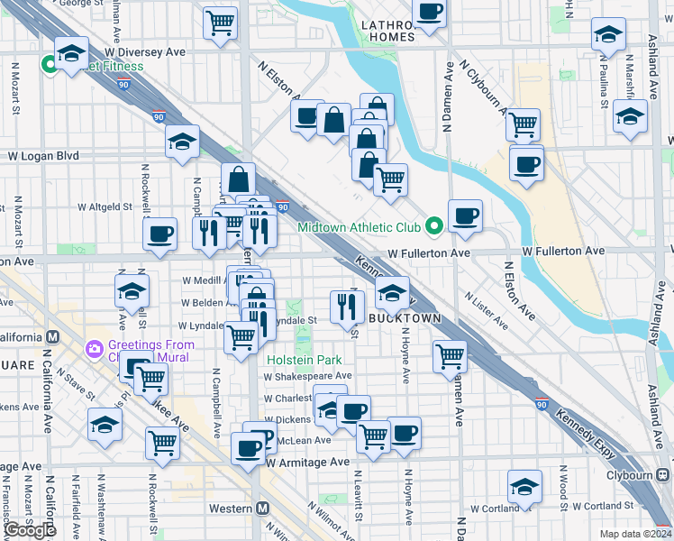 map of restaurants, bars, coffee shops, grocery stores, and more near 2229 West Fullerton Avenue in Chicago