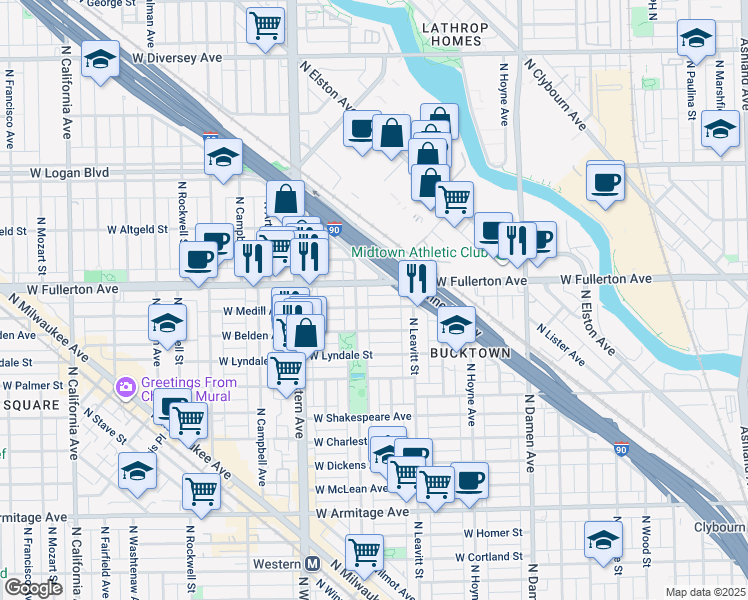 map of restaurants, bars, coffee shops, grocery stores, and more near 2229 West Fullerton Avenue in Chicago