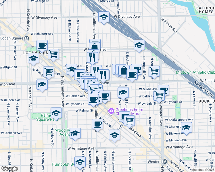 map of restaurants, bars, coffee shops, grocery stores, and more near 2402 North Washtenaw Avenue in Chicago