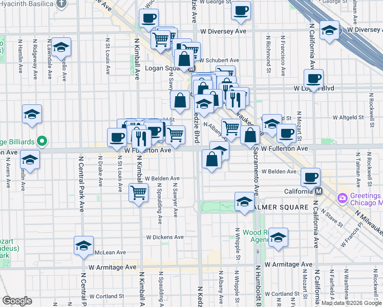 map of restaurants, bars, coffee shops, grocery stores, and more near 2408 North Kedzie Boulevard in Chicago
