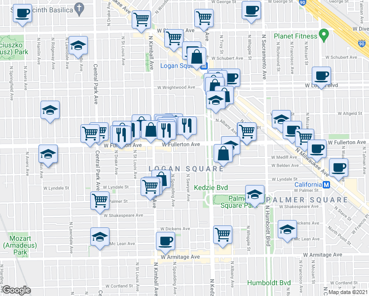 map of restaurants, bars, coffee shops, grocery stores, and more near 3248 West Fullerton Avenue in Chicago