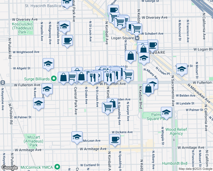 map of restaurants, bars, coffee shops, grocery stores, and more near 3408 West Fullerton Avenue in Chicago